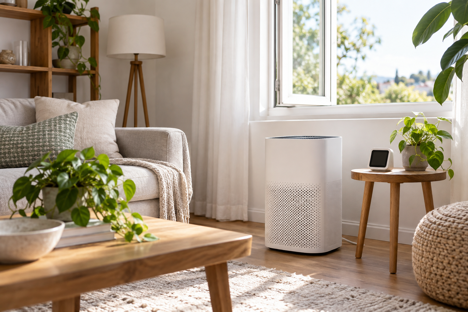 Illustration: A bright airy living room with an unbranded white air purifier and a small blank-display air-quality monitor near an open window, natural wood and calm neutral textiles.